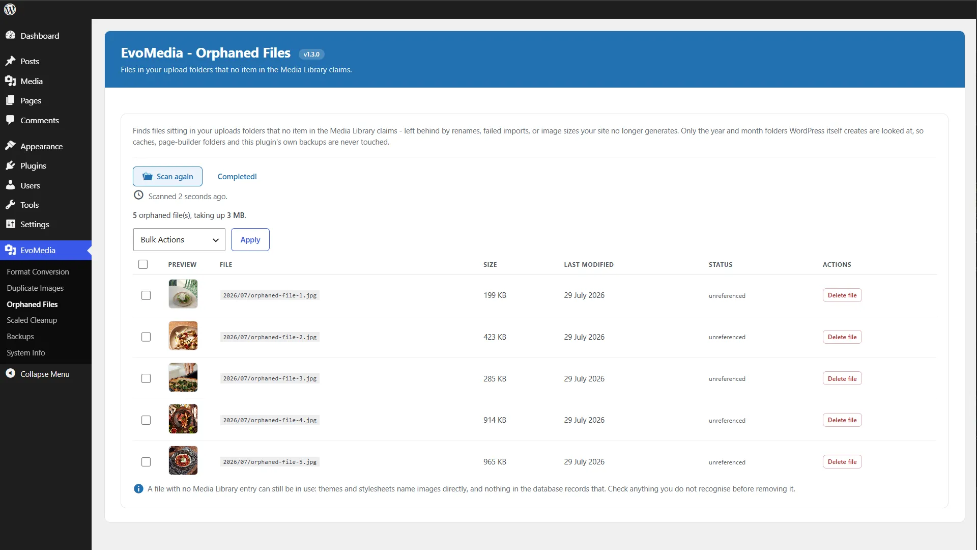 04-evomedia-pro-130-remove-orphaned-media-files Removing orphaned media files in WordPress with EvoMedia Pro