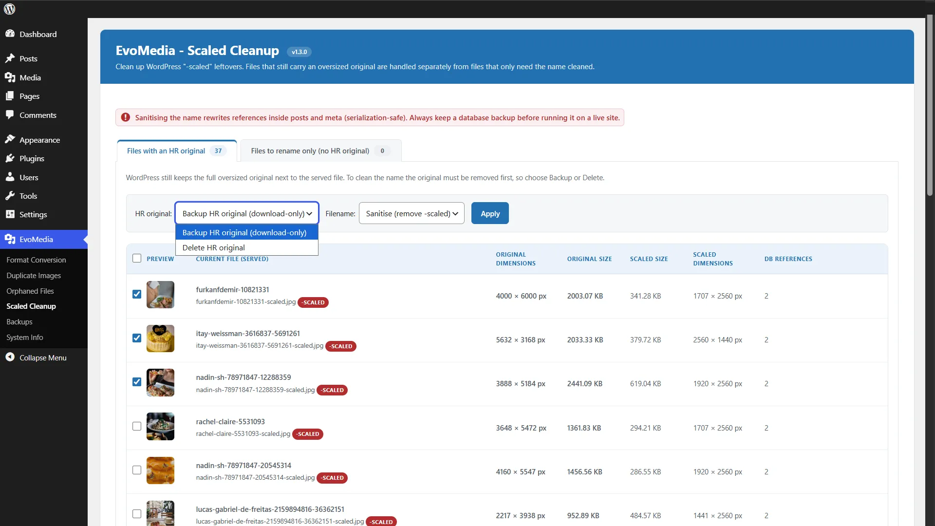 08-evomedia-pro-130-reclaim-disk-space-scaled-cleanup Reclaiming WordPress disk space by clearing oversized scaled originals with EvoMedia Pro